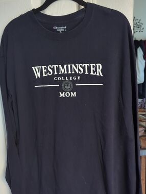 Champion Navy Long Sleeve Westminster College MOM Tee with White Print